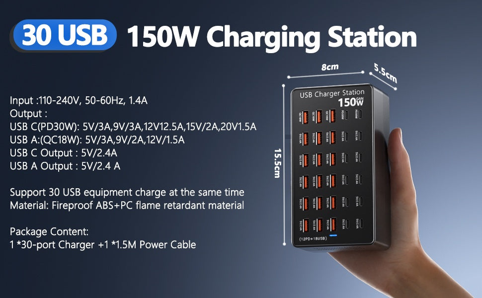 USB laadimisjaam 150W 30 porti USB-C ja USB-A B0FLCH1WYC
