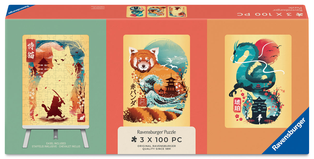 Ravensburger pusle 3x100 tk molbertiga: Ukiyo-e kass-sõdalane, punane panda ja draakon 12002048V